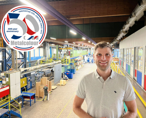 Plant Manager/COO Jakob Søndergaard Nielsen in front of the coil to coil production line att Metalcolour in Nykøping in Denmark.